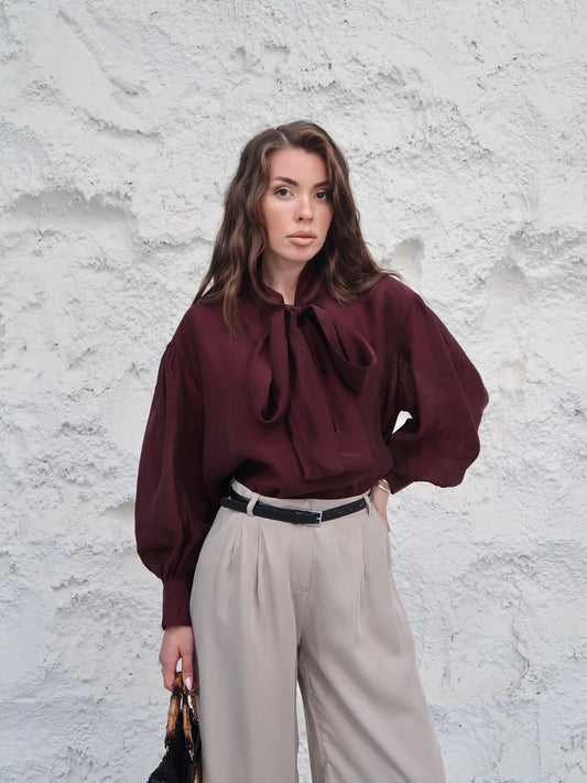 Neckline Tie-Up Balloon Sleeve Blouse