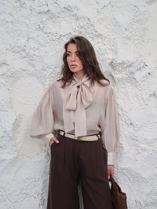 Neckline Tie-Up Balloon Sleeve Blouse