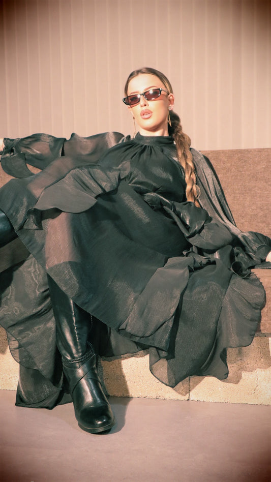 High Neck Ruffle Satin Chiffon Maxi Length Black Dress