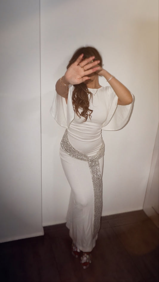 White Sequin Belted Backless Dress