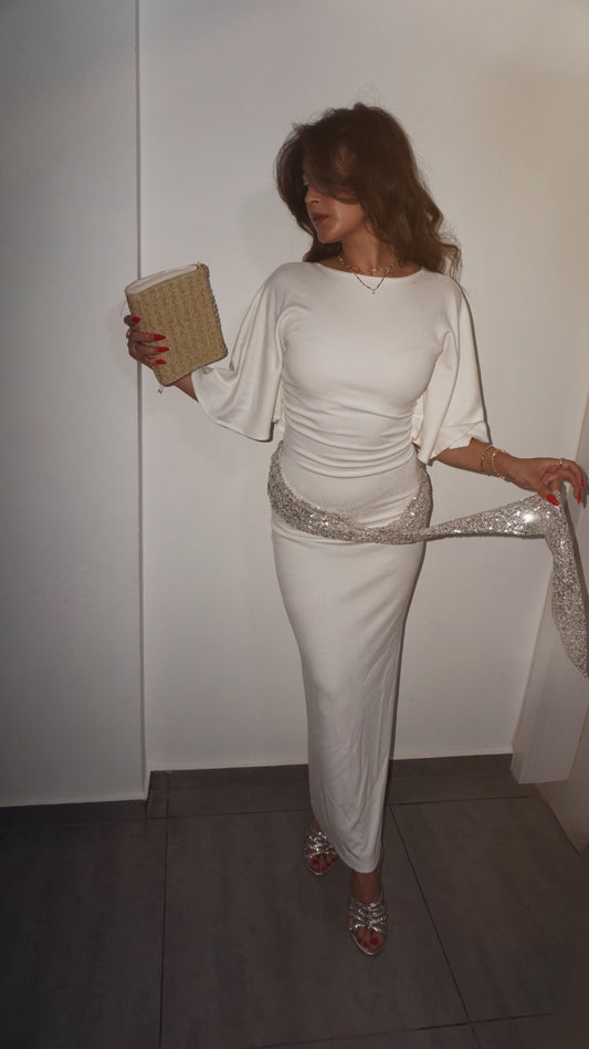 White Sequin Belted Backless Dress