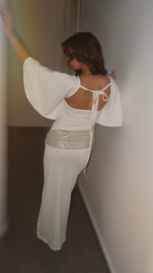 White Sequin Belted Backless Dress