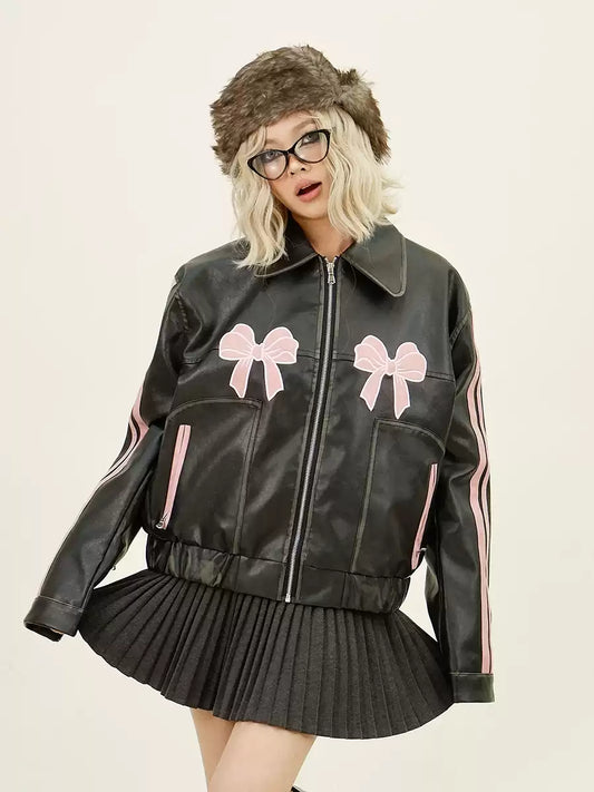 Embroidery Bow Faux Leather Jacket