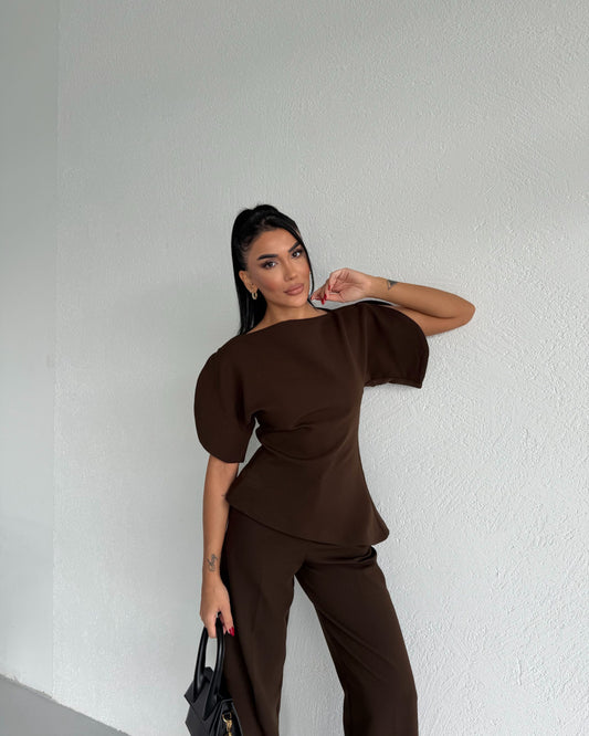 Brown Asymmetrical Waist-Fitted Set