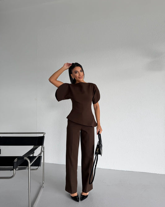 Brown Asymmetrical Waist-Fitted Set