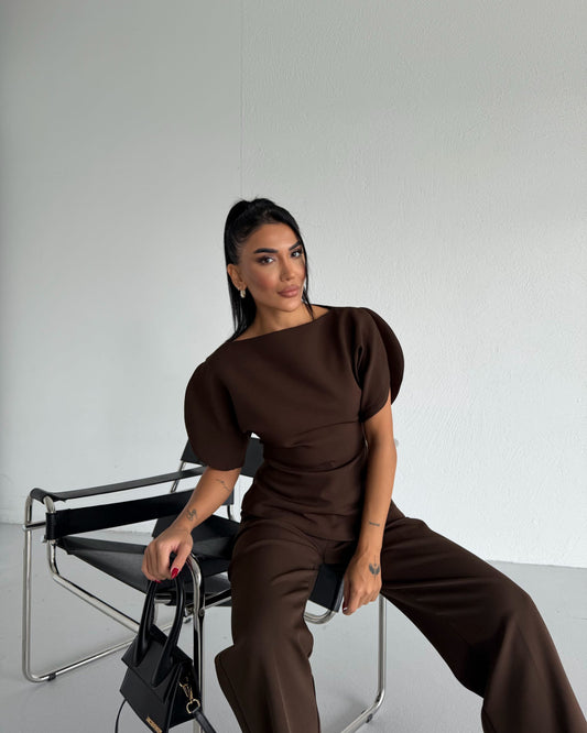 Brown Asymmetrical Waist-Fitted Set