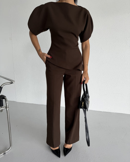 Brown Asymmetrical Waist-Fitted Set