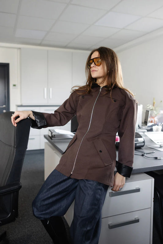 Coffee Brown Zip-Up with Leather Details Jacket