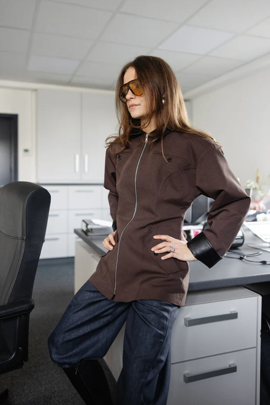 Coffee Brown Zip-Up with Leather Details Jacket