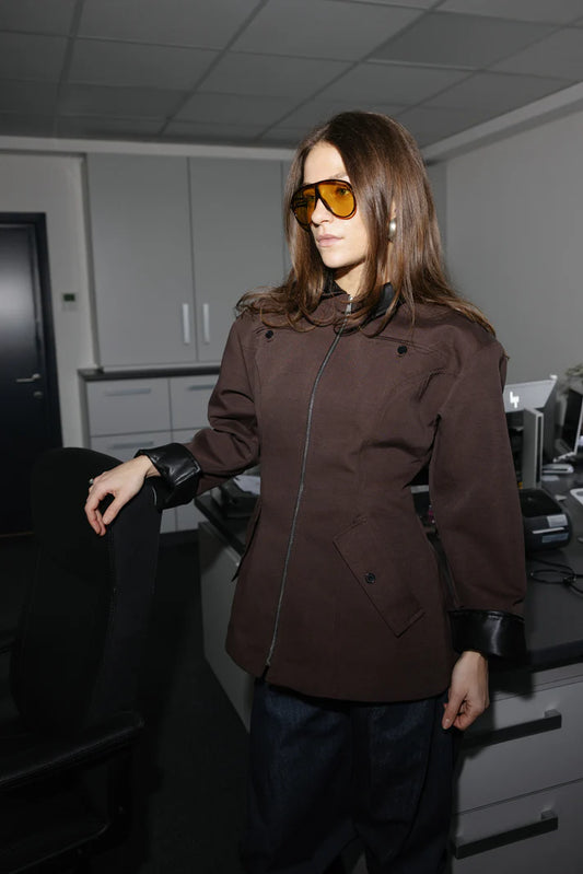 Coffee Brown Zip-Up with Leather Details Jacket