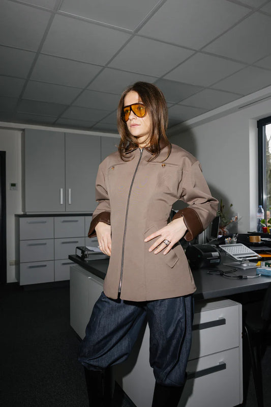 Coffee Beige Zip-Up with Leather Details Jacket