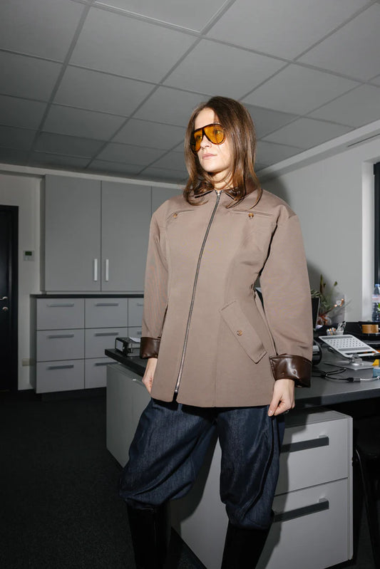 Coffee Beige Zip-Up with Leather Details Jacket