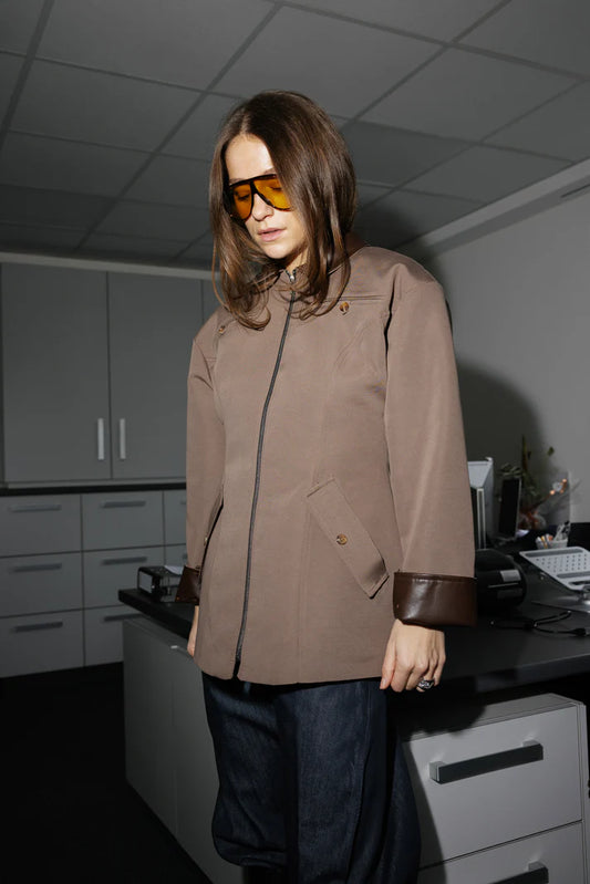 Coffee Beige Zip-Up with Leather Details Jacket