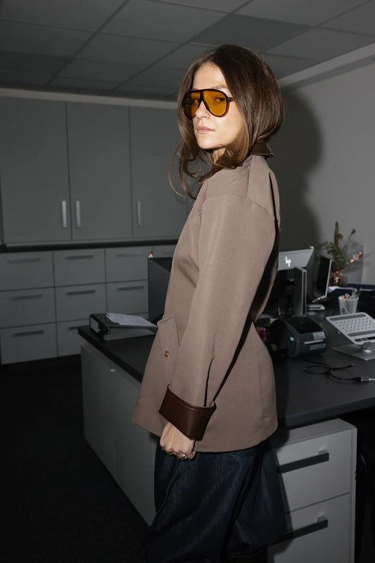 Coffee Beige Zip-Up with Leather Details Jacket