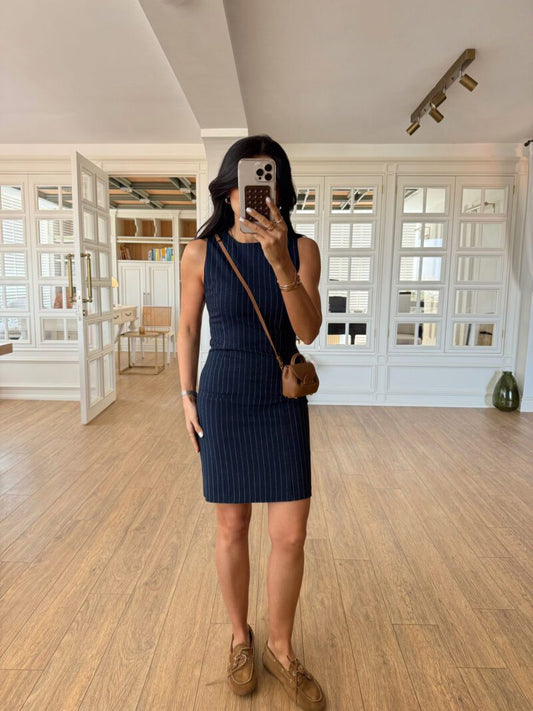 Rominda Navy Striped Mini Dress with Decorative Pockets