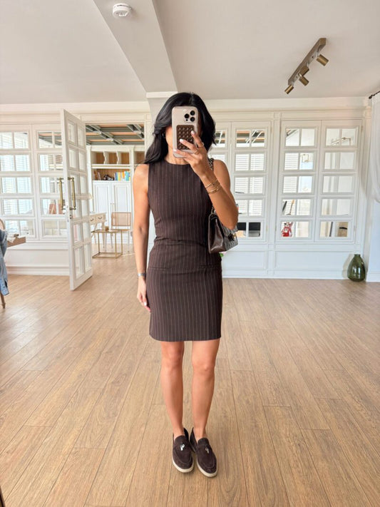 Rominda Brown Striped Mini Dress with Decorative Pockets