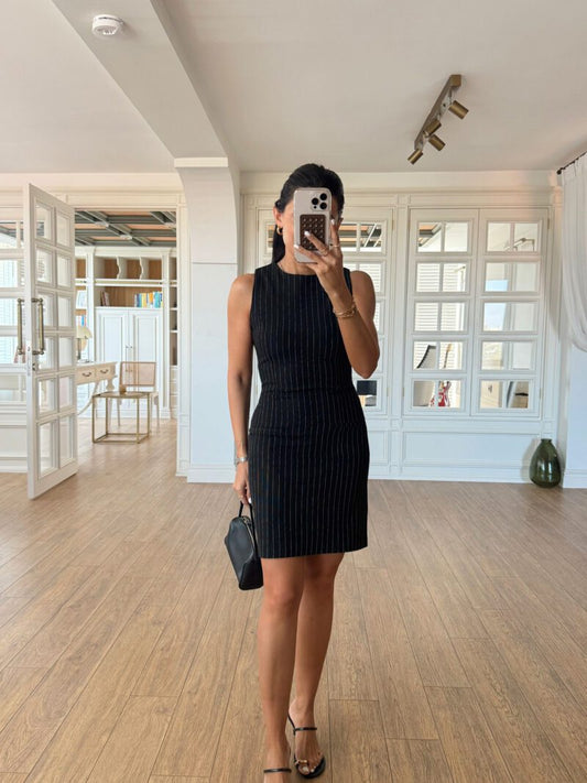 Rominda Black Striped Mini Dress with Decorative Pockets