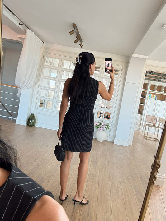 Rominda Black Striped Mini Dress with Decorative Pockets