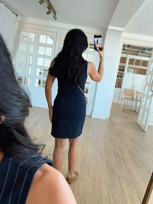Rominda Navy Striped Mini Dress with Decorative Pockets