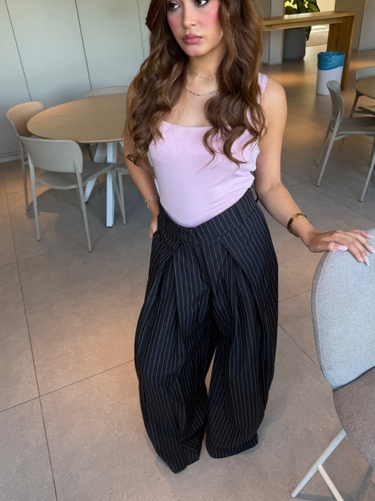 BLACK STRIPED FOLDED TAILORED TROUSERS