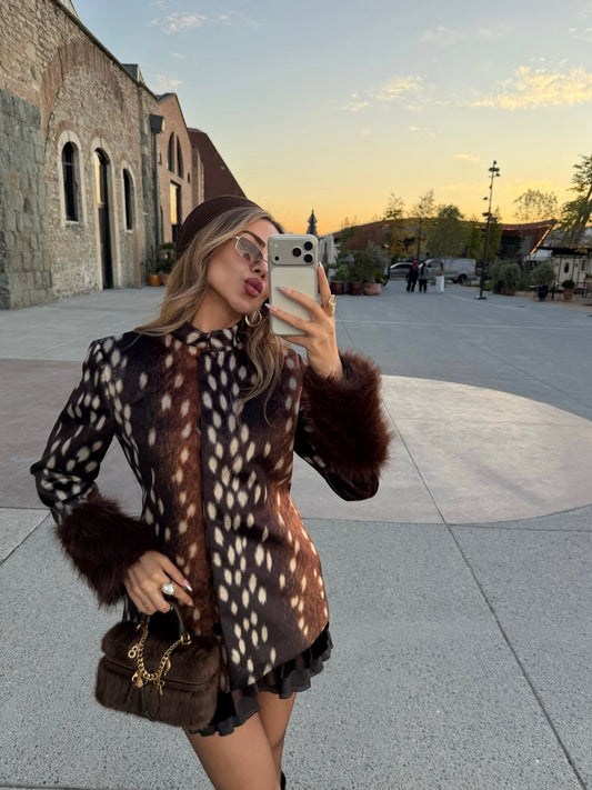 Deer Print Faux Fur Cuff Jacket