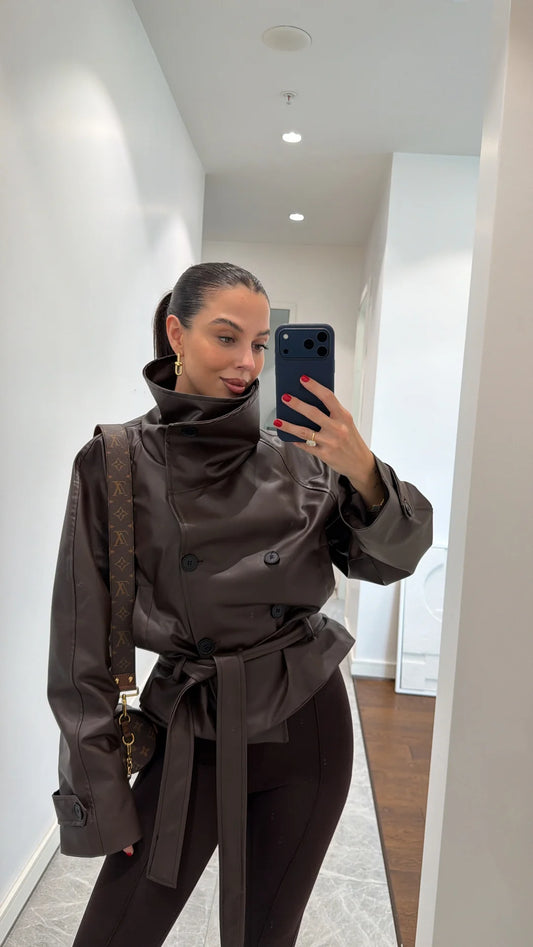 HIGH-COLLAR BELTED LEATHER JACKET