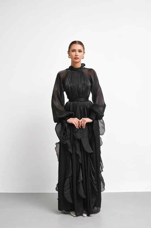 High Neck Ruffle Satin Chiffon Maxi Length Black Dress
