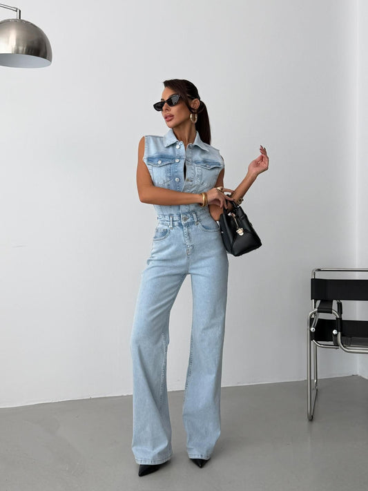 Sleeveless Light Wash Denim Jumpsuit