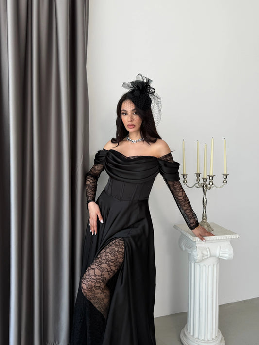 Royal Black Evening with Lace Details Dress