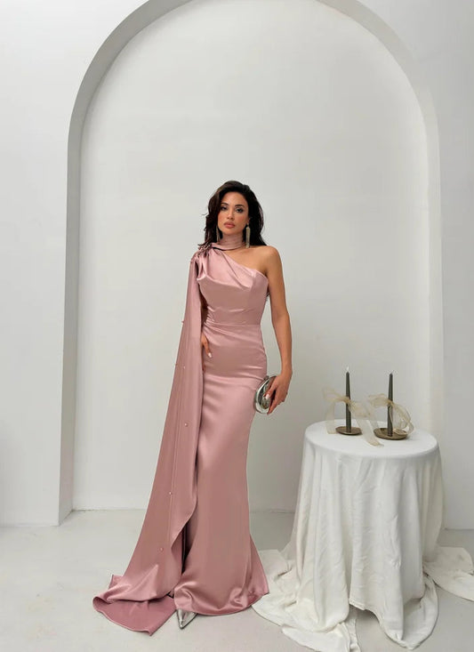 Powder One-Shoulder Shawl Detailed Asymmetrical Satin Evening Dress ARVERNA
