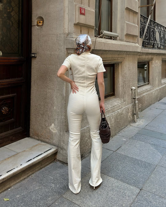 Womens Denim Overalls with Front Zipper Short Sleeves and Bell Bottoms Suit ARVERNA