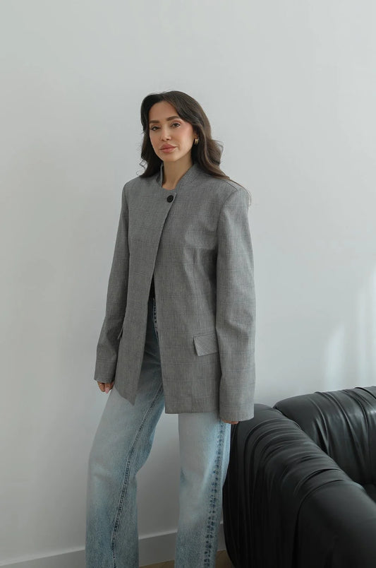Light Grey Plaid Mandarin Collar Blazer