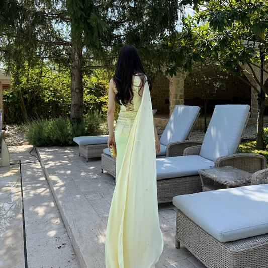 Yellow One-Shoulder Shawl Detailed Asymmetrical Satin Evening Dress