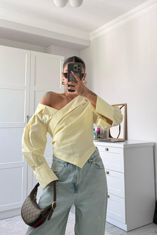 OPEN SHOULDER DRAPED DESIGN BITTER YELLOW SHIRT