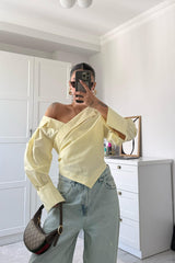 OPEN SHOULDER DRAPED DESIGN BITTER YELLOW SHIRT