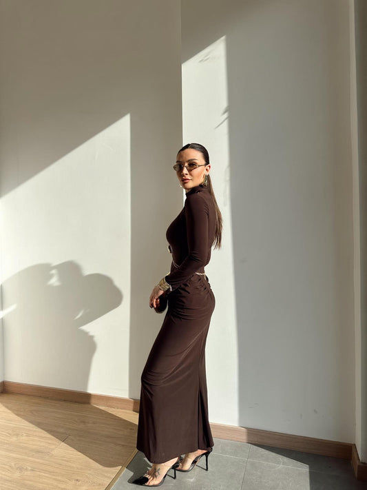 Accessory Detailed Coffee Design Dress