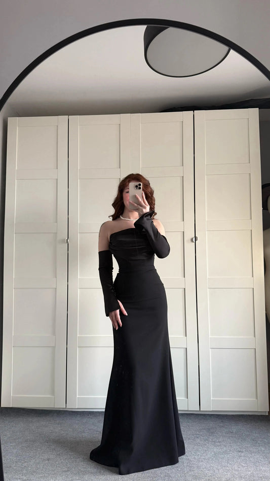 Alya Satin Black Sleeve Evening Dress ARVERNA