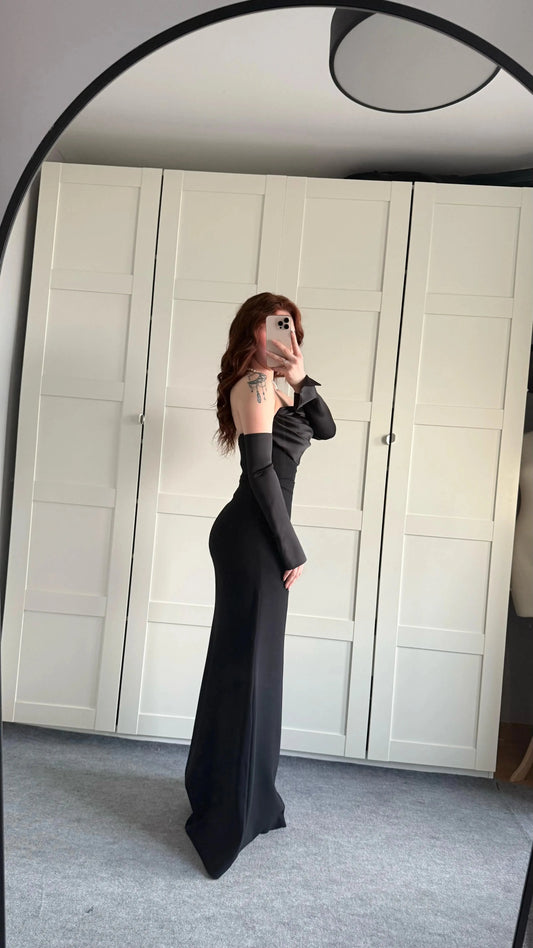 Alya Satin Black Sleeve Evening Dress ARVERNA