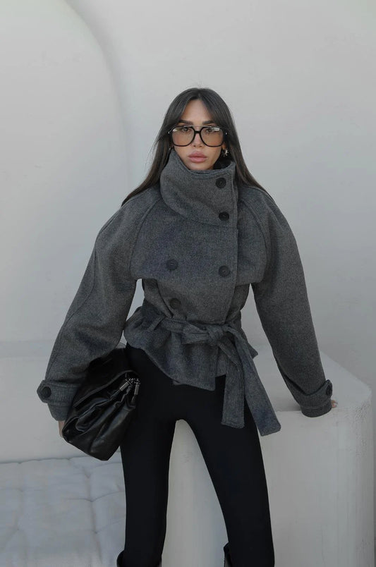 Anthracite Arnica Stand-Up Collar Short Cashmere Coat