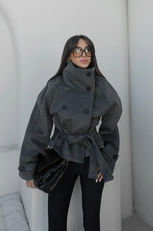 Anthracite Arnica Stand-Up Collar Short Cashmere Coat