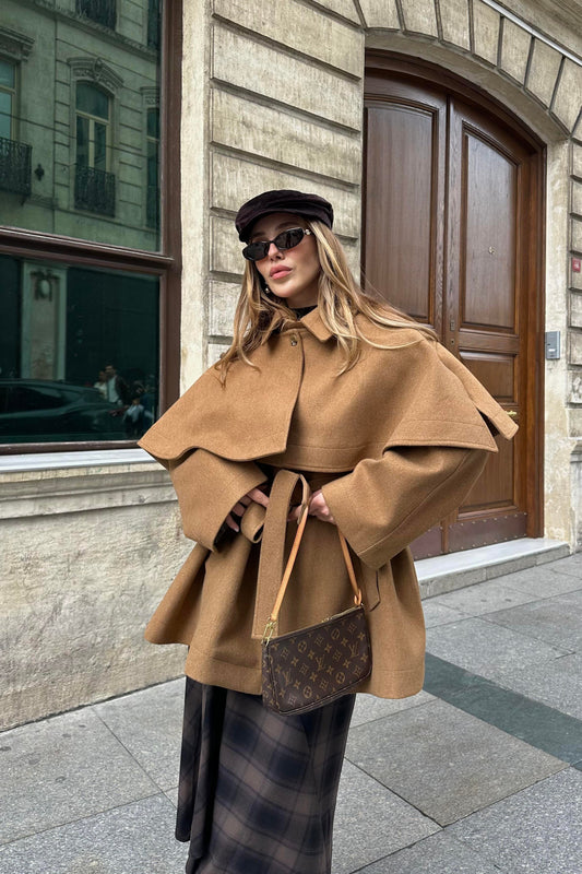 BELTED CACHET COAT WITH CAPE DETAIL JACKET
