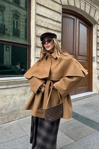 BELTED CACHET COAT WITH CAPE DETAIL JACKET