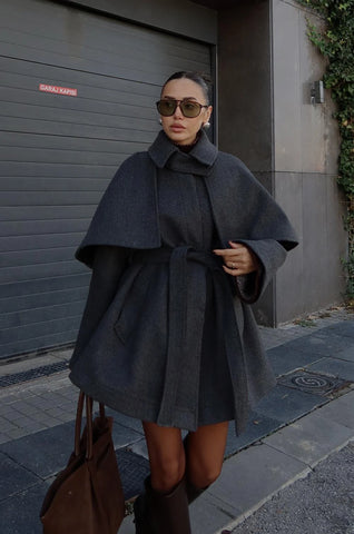 BELTED CACHET COAT WITH CAPE DETAIL JACKET