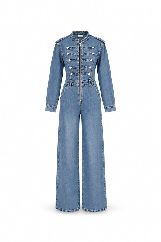 Elara Button-Detail Denim Jumpsuit