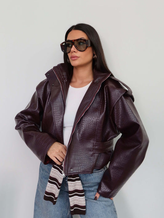 High-Neck Croc-Embossed Leather Jacket