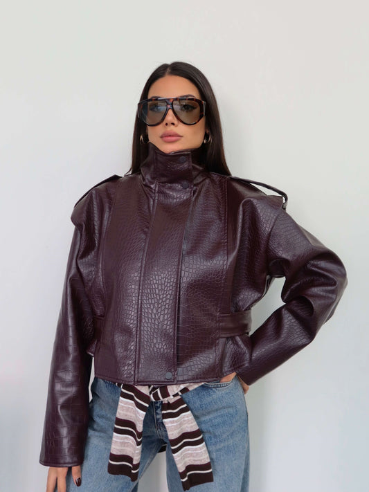 High-Neck Croc-Embossed Leather Jacket