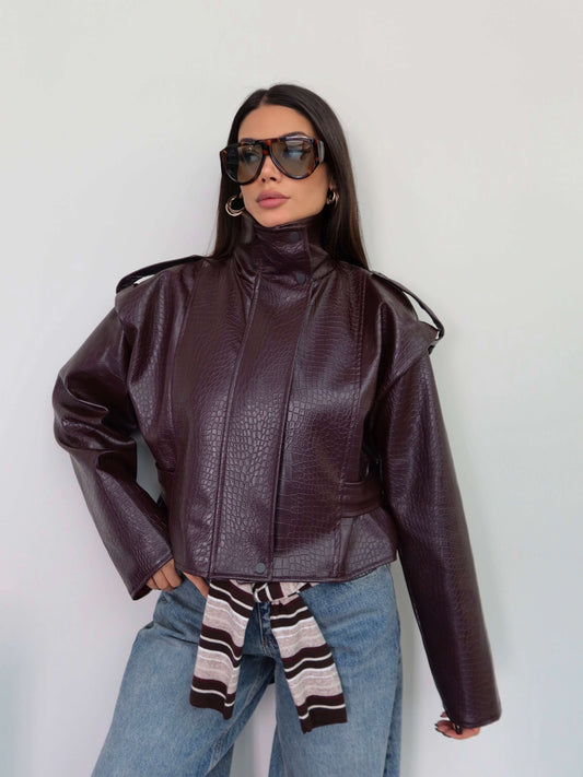 High-Neck Croc-Embossed Leather Jacket