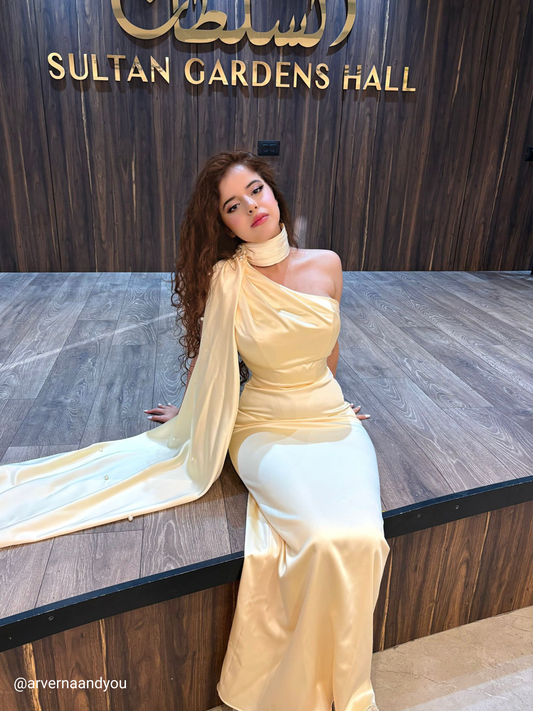 Yellow One-Shoulder Shawl Detailed Asymmetrical Satin Evening Dress