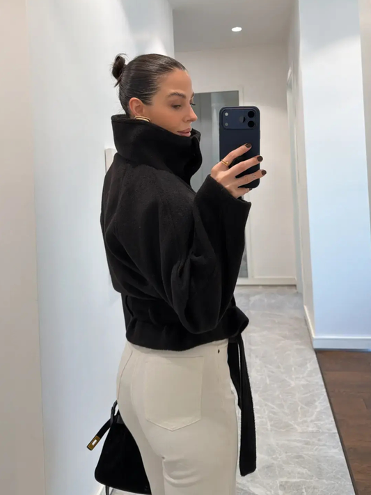 Black Arnica Stand-Up Collar Short Cashmere Coat