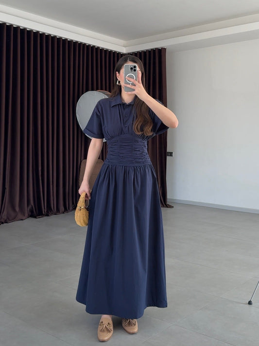 Navy Blue Shirt Collar Draped Long Dress